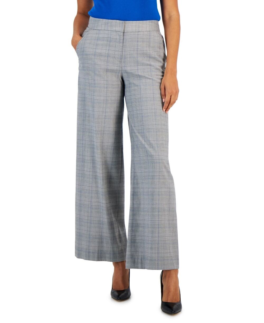 Tahari ASL Plaid Mid-Rise Wide-Leg Full-Length Pants Gray Blue Career NWT Size 4